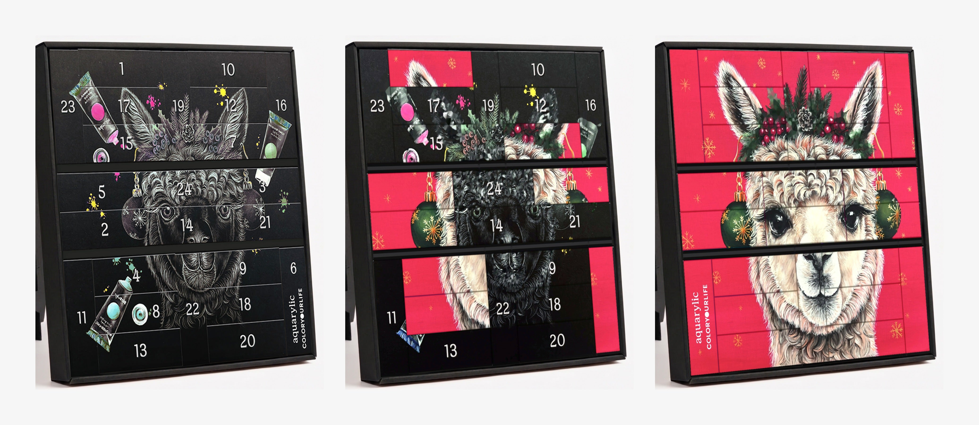 Adventskalender Coloryourlife in drei Zuständen: schwarze Skizze am 1. Dezember, halb gewendet am 8. Dezember, fertiges Acrylbild an Heiligabend