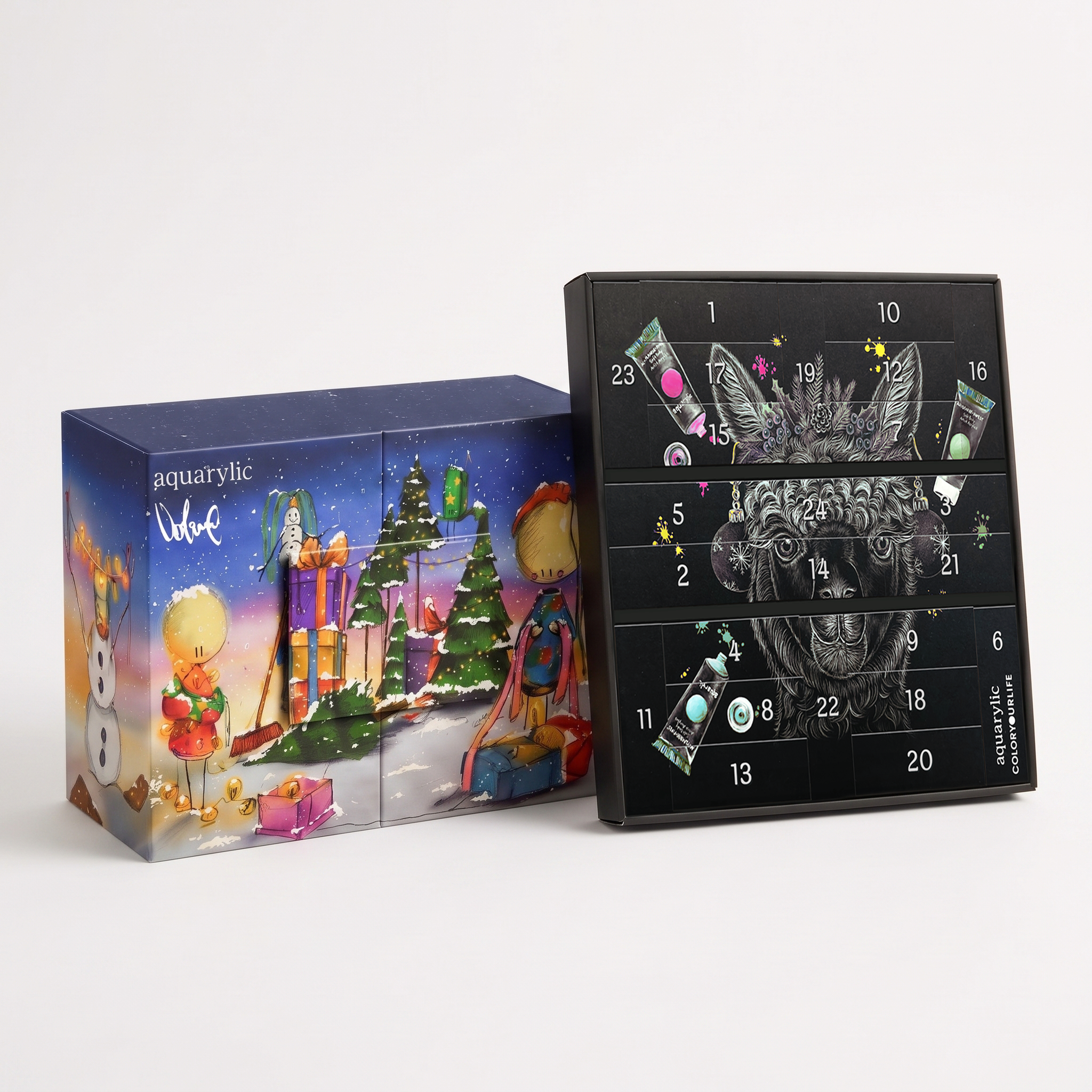 Beide Aquarylic Adventskalender 2026 nebeneinander – Volane Edition und Coloryourlife Edition